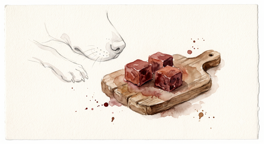 A minimalist watercolor illustration on cream cold-pressed paper featuring three cubed pieces of raw beef liver on a small rustic wooden board, with a soft charcoal line-art sketch of a dog's snout and paw leaning in.